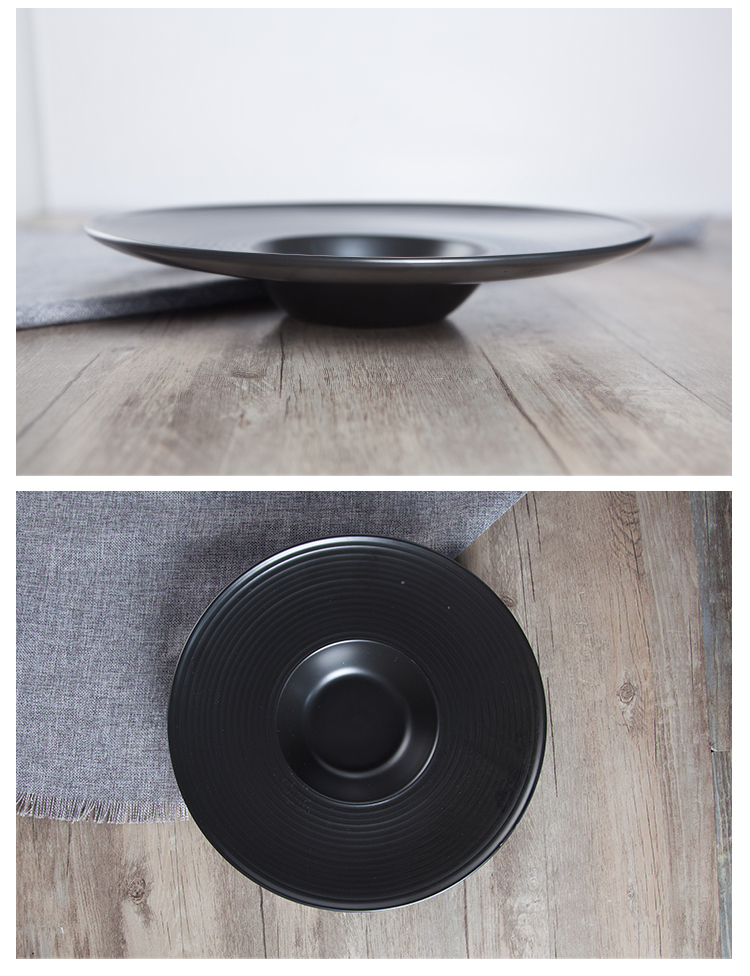 Wide Rim Gourmet Deep Plate Porcelain Matte Black Pasta Dishes