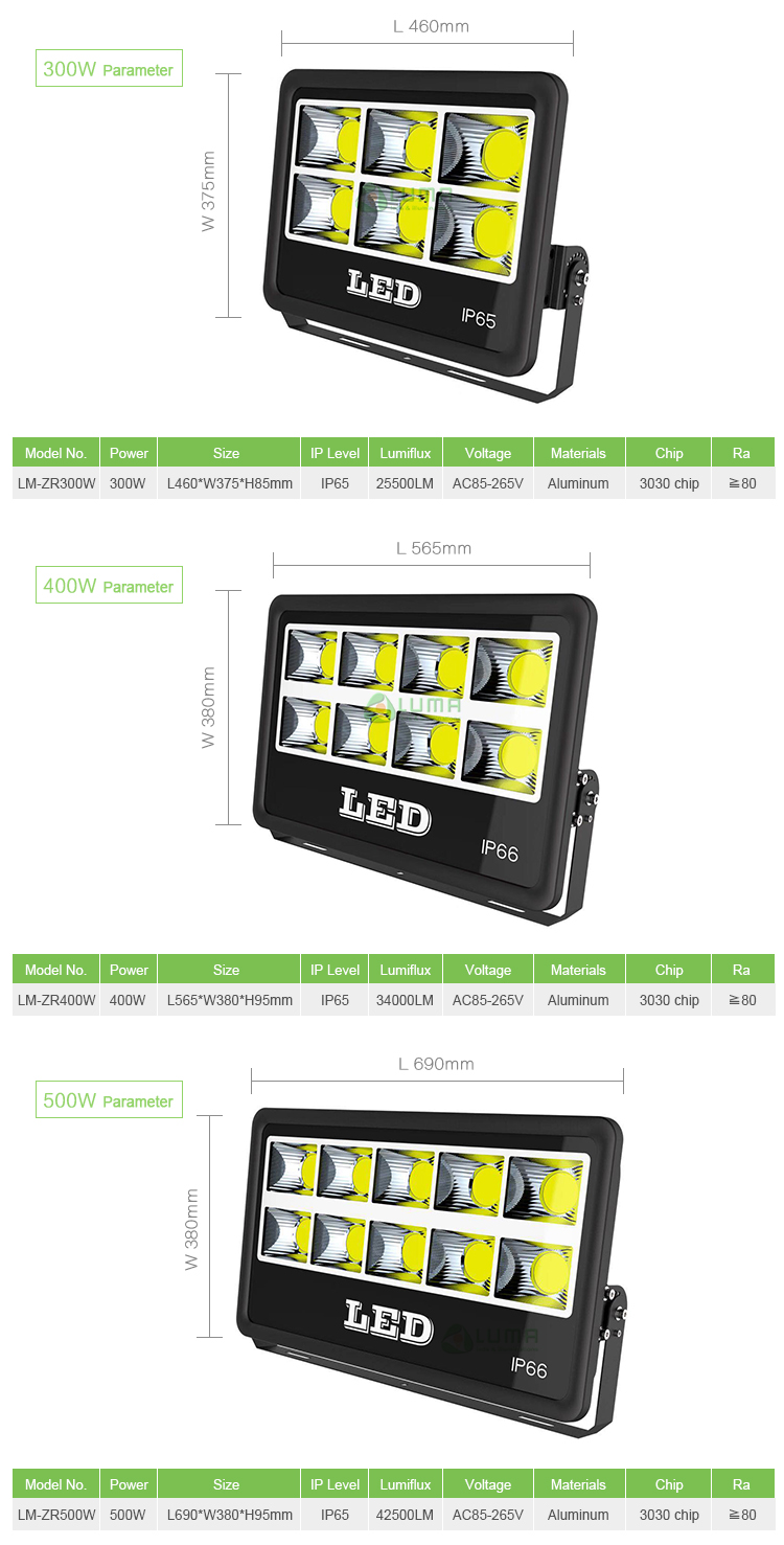 High Power Floodlight 400 Watt Led Lights 6000K White Landscape Lamp