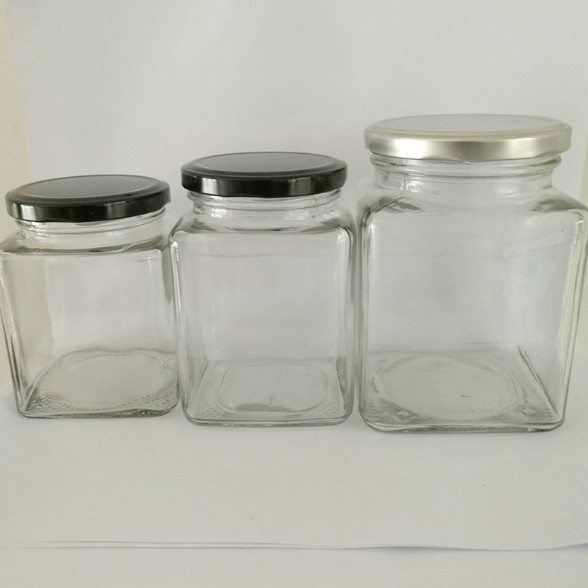square shaped honey glass jar jam / storage jar with screw metal lid