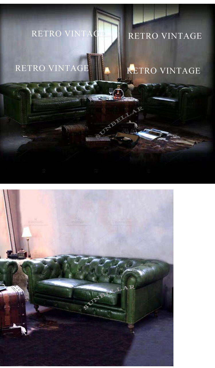 customized hotel sofa top grain leather chesterfield sofa set luxury living room sofa button tufted leather vintage green