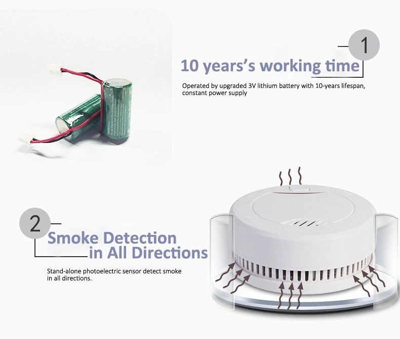 Fire Alarm Factory 10 Year Battery Life Sealed Fire Smoke Alarm Sound & Flash Alarm 3V Lithium Battery