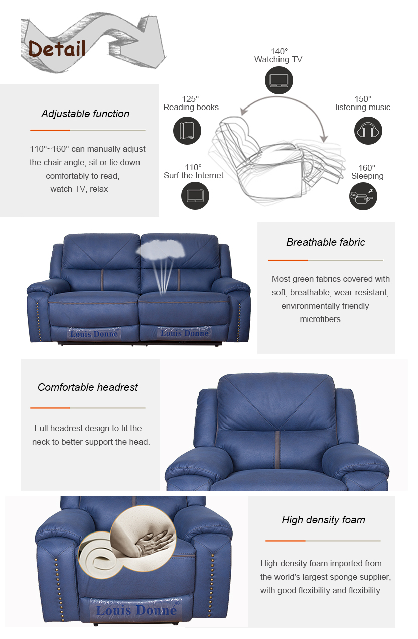 Factory directly wholesale price 3 2 1 seater electric manual recliner air leather fabric sofa with with blue light cup holder