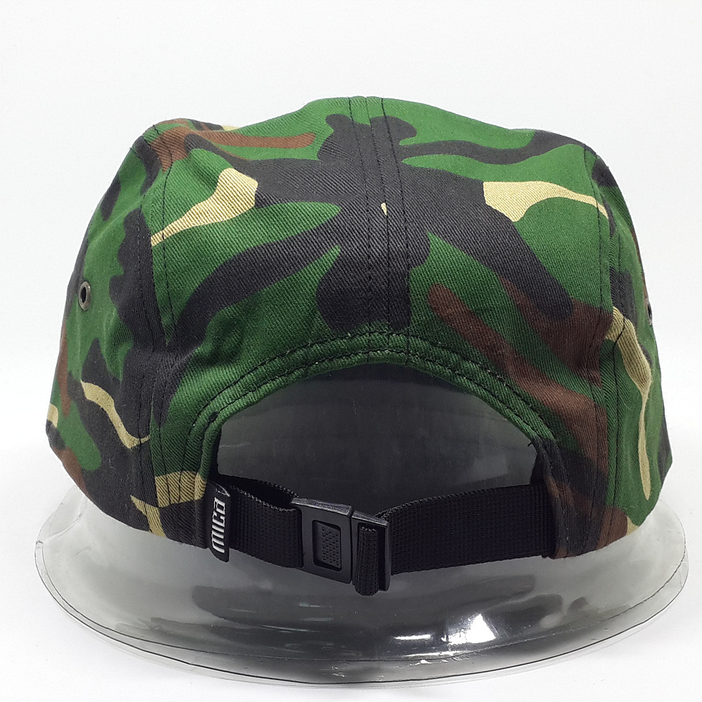 Popular product polyester camo fabric leather strap camp 5 panel hat caps hats neon trucker hat