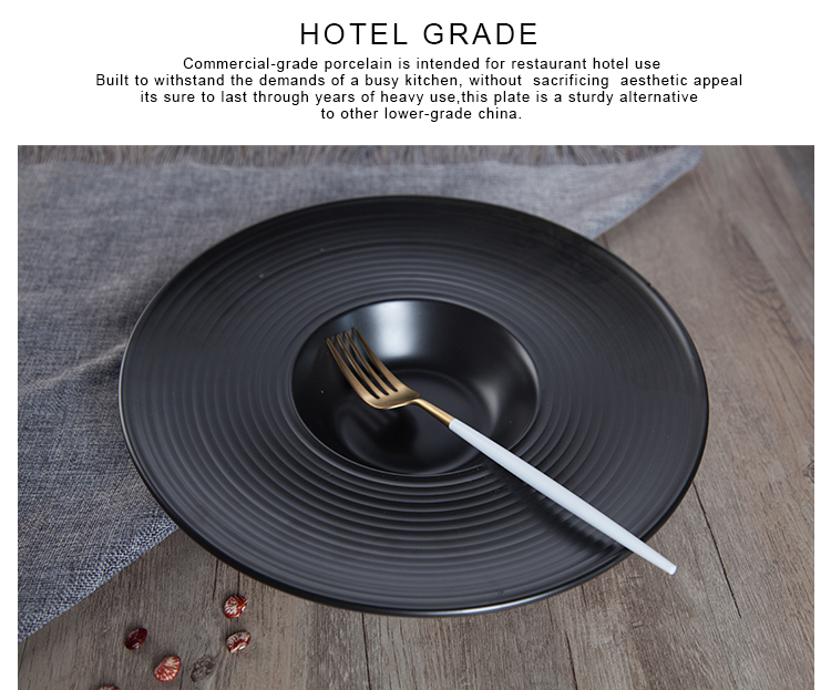 Wide Rim Gourmet Deep Plate Porcelain Matte Black Pasta Dishes