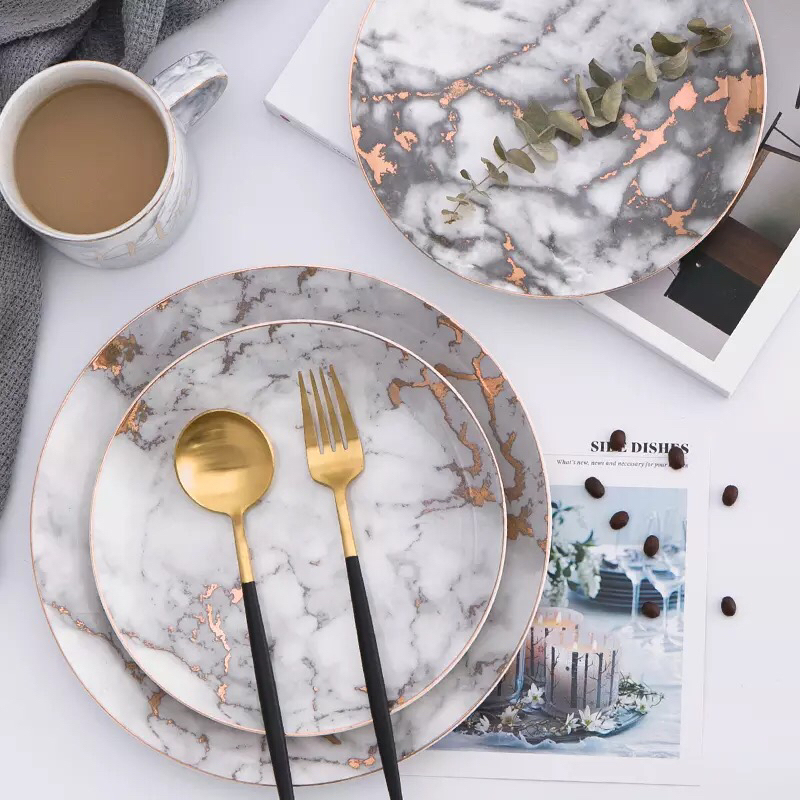 Various size fancy round gold decor white dinnerware porcelain marble dinner plate
