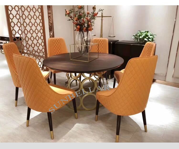 living room furniture chair wooden leg with gold steel cover high back leather modern dining chair