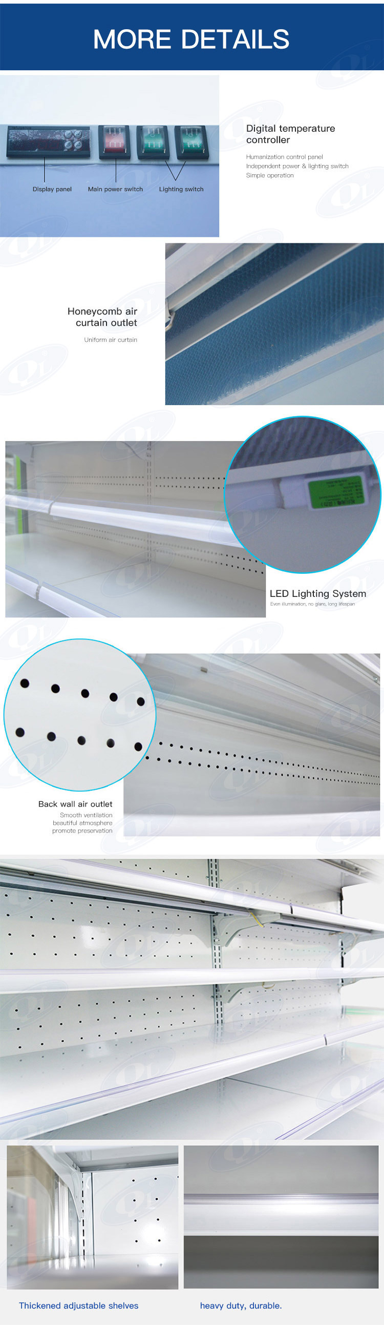 Supermarket commercial freezer air cooling system upright display freezer