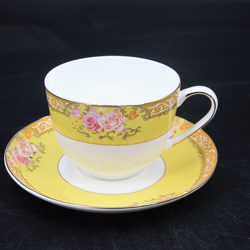 ceramic tea set 15pcs 17pcs elegant yellow decal antique European fine bone china tea set made in china