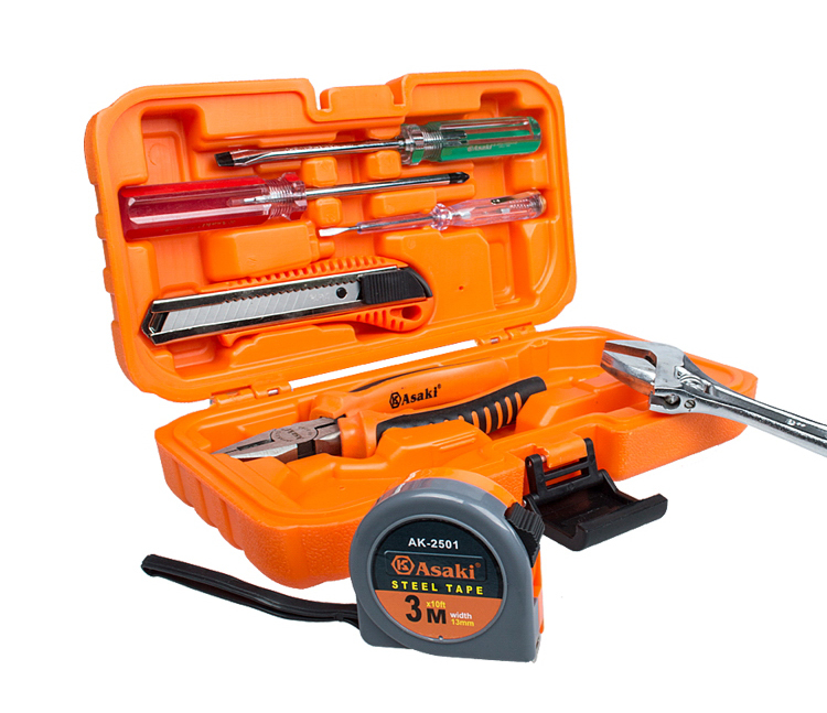 Asaki 8pcs Home Use Gift Repair Hand Tool Set Adjustable Spanner Combination Pliers Screwdriver Utility Knife Measuring Tapes