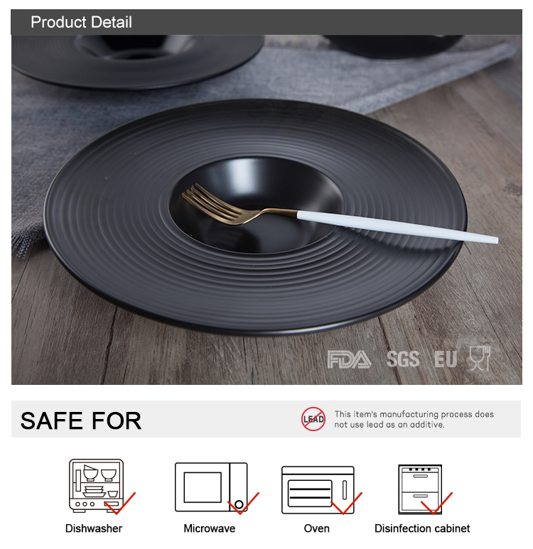 Wide Rim Gourmet Deep Plate Porcelain Matte Black Pasta Dishes