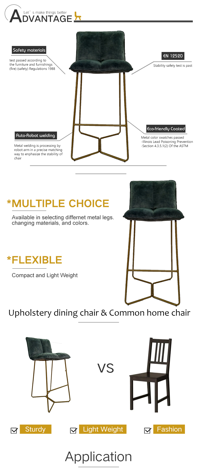 Green velvet bar stool chair with golden metal legs