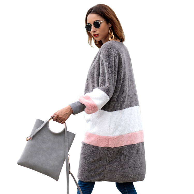 China Manufacturer Casual Winter Warm Velvet Striped Open Sweater Outwear Ladies Long Coats Women