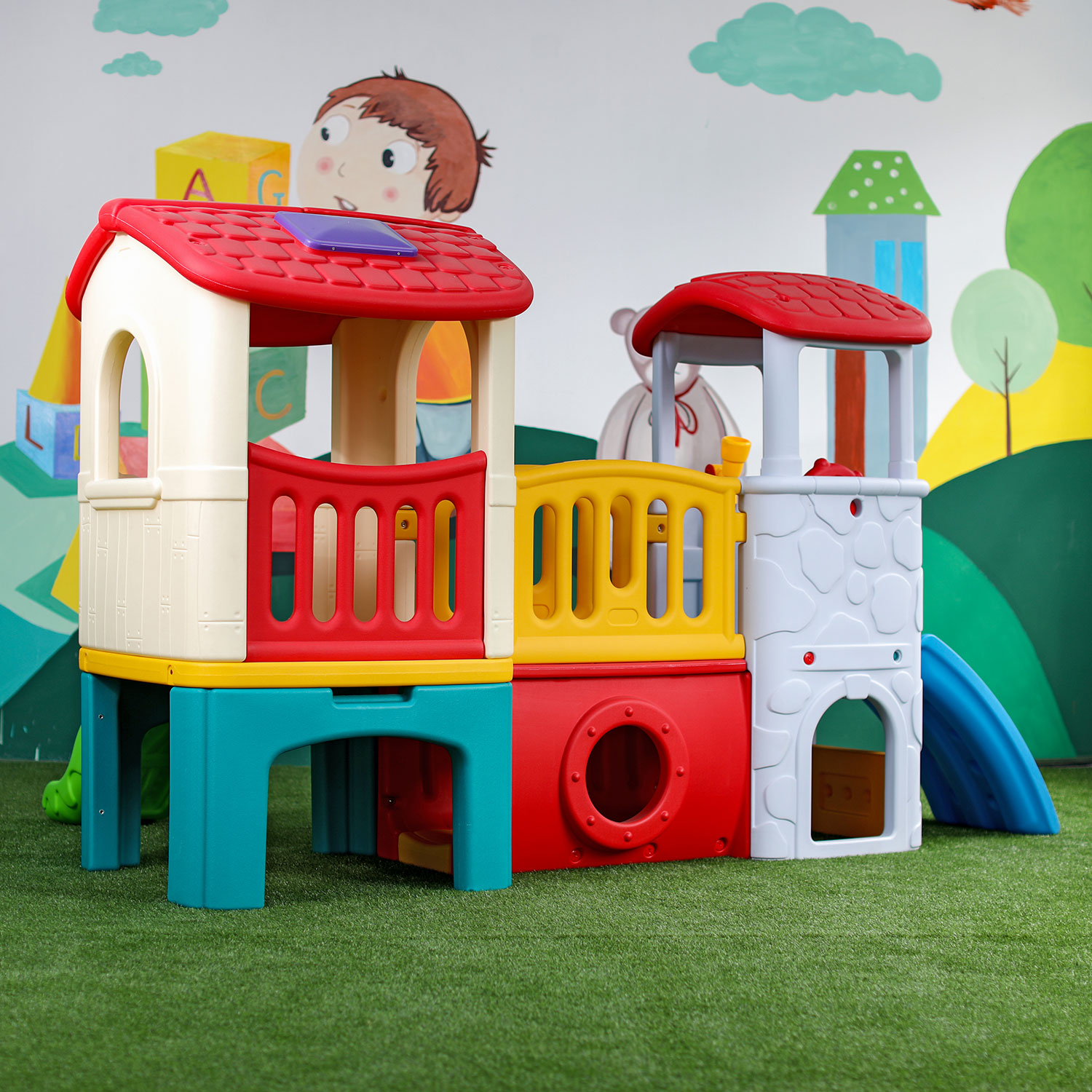 LLDPE children plastic playhouse and baby slide colorful playhouse with slide set for sale