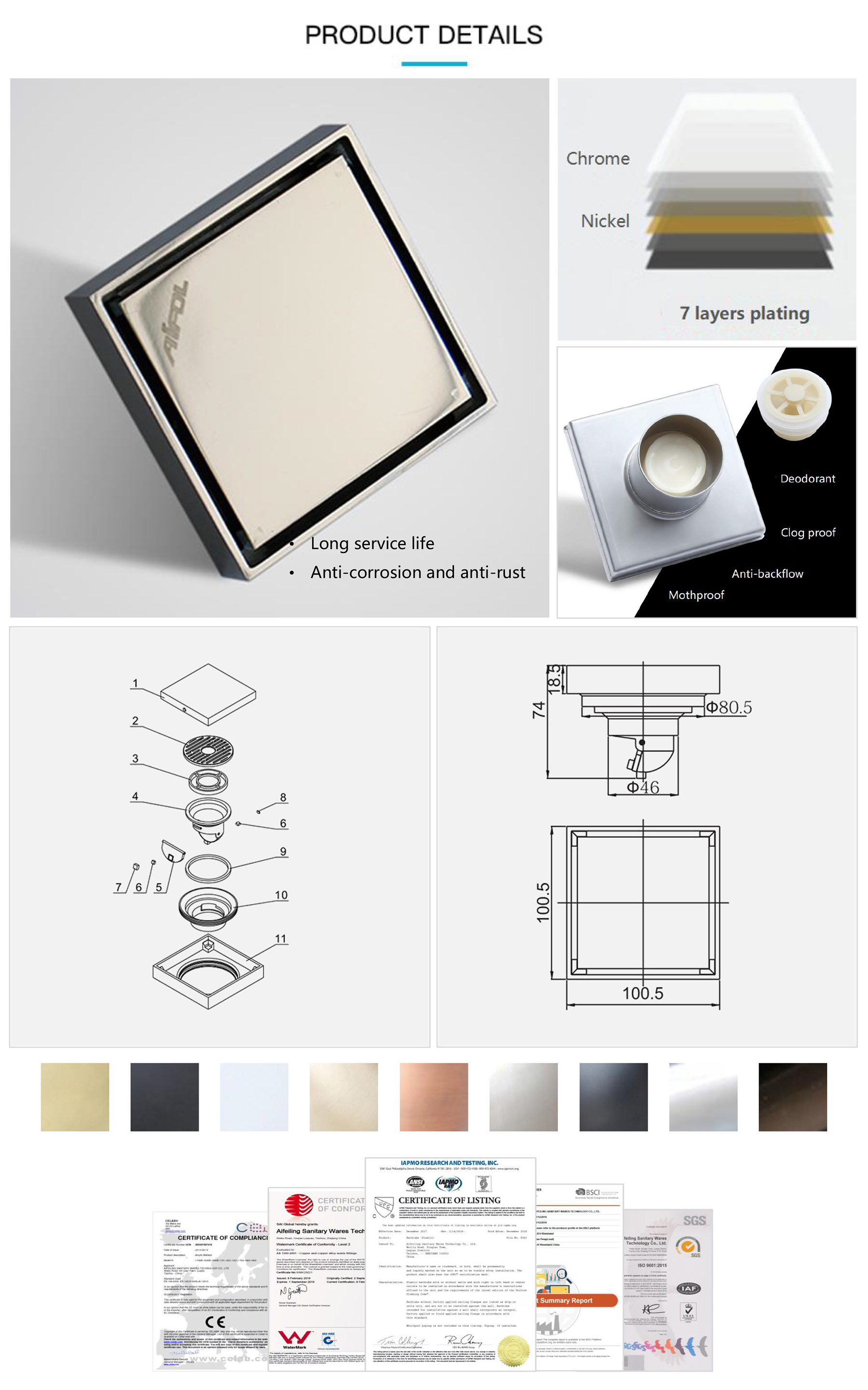 100*100MM brass tile insert floor drain with anti-odor