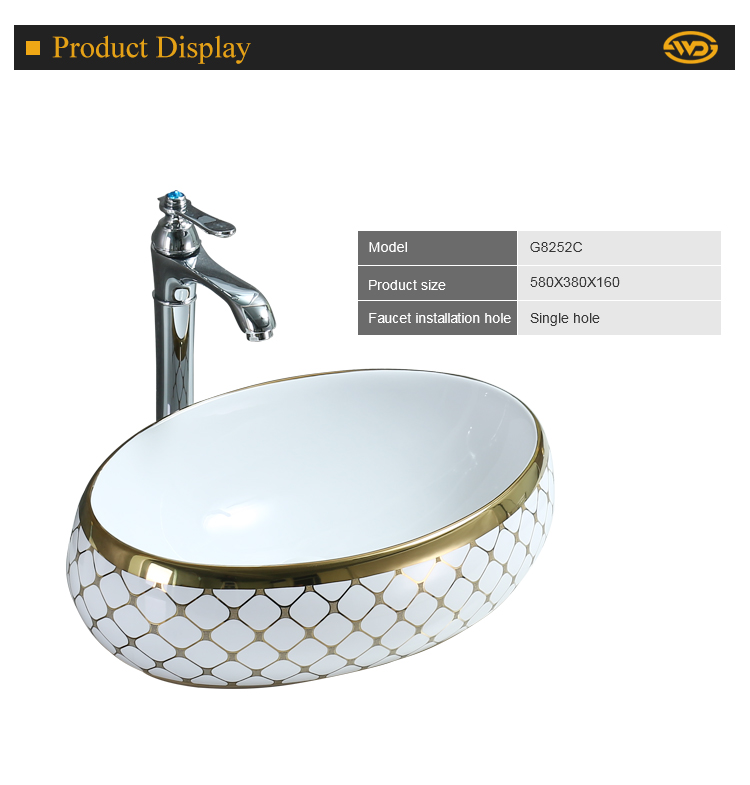 Long service life oval single hole gold electroplate art face washing wash hand lavabo basin sink ceramic