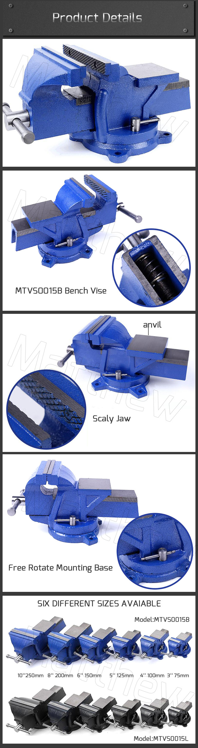 Heavy Duty Cast Iron Bench Vise With Free Rotate Round Mounting Base