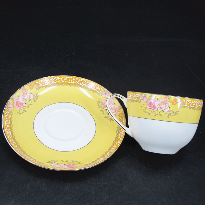 ceramic tea set 15pcs 17pcs elegant yellow decal antique European fine bone china tea set made in china