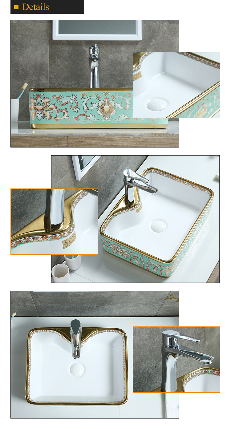 Best sellers single hole rectangle green printing ceramic bathroom art sinks porcelain China basins color wash basin
