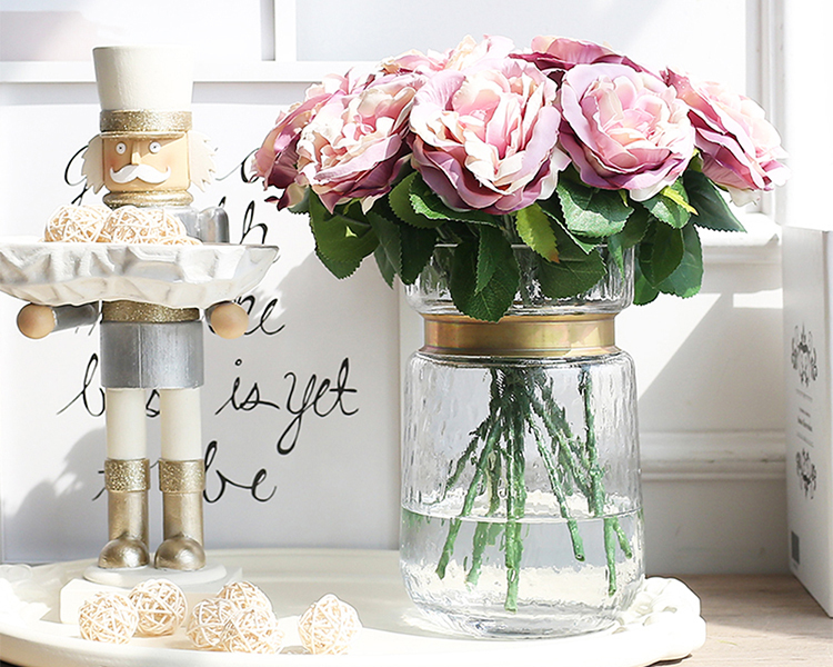 Bixuan Vases Clear Hammered Glass Flower Arrangement Vase Brass Gold Band Decor Dining Table Centerpieces, 7.9'' H x 5.4'' D