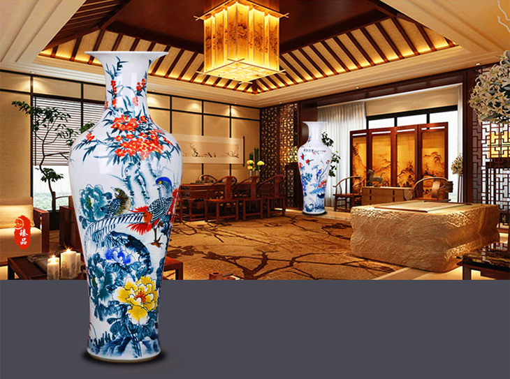 Hotel entrance decorative blue and white large vase  Luxury burgundy ceramic floor vase