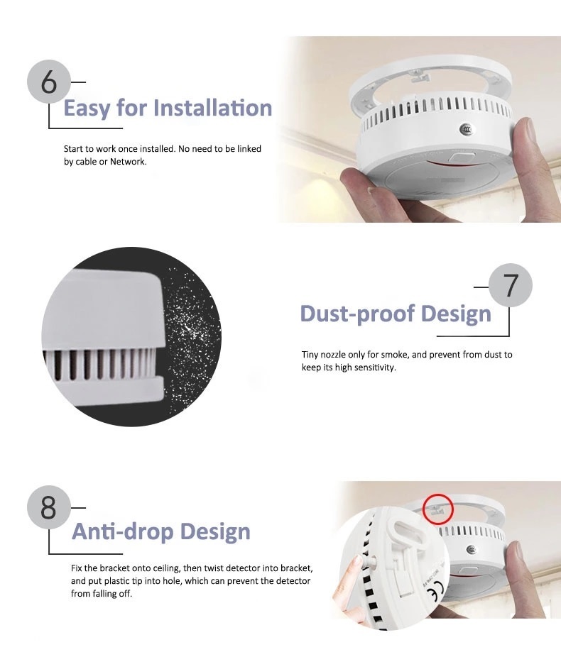 Fire Alarm Factory 10 Year Battery Life Sealed Fire Smoke Alarm Sound & Flash Alarm 3V Lithium Battery