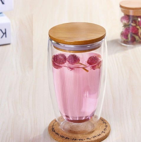 250ml 350ml 450ml Insulated Double Wall Borosilicate Glass Coffee Cup with bamboo lid