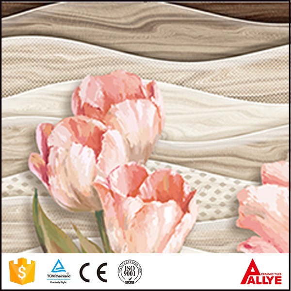 Fujian 3D glass tile printing, wave and pink flower patterns ceramic tiles front wall for bathroom or kitchen room
