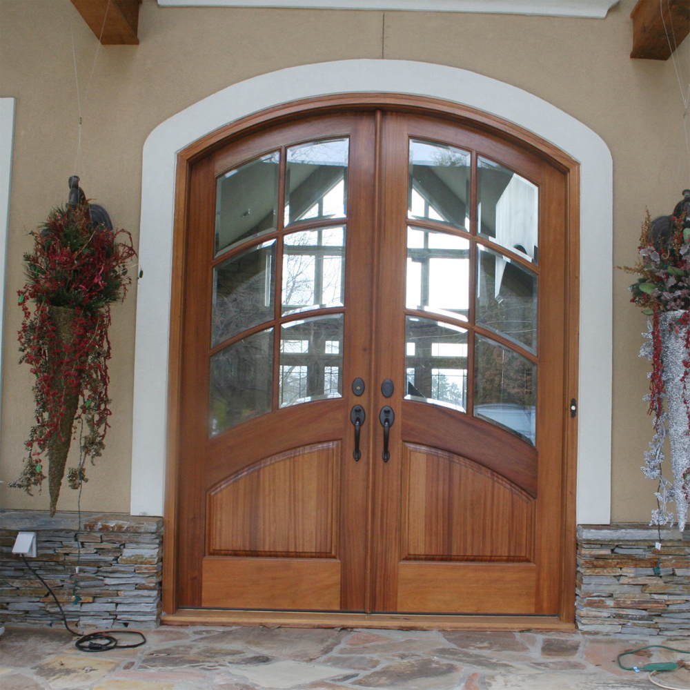 Northern European style double glazed lattice design top-rounding wooden glass door