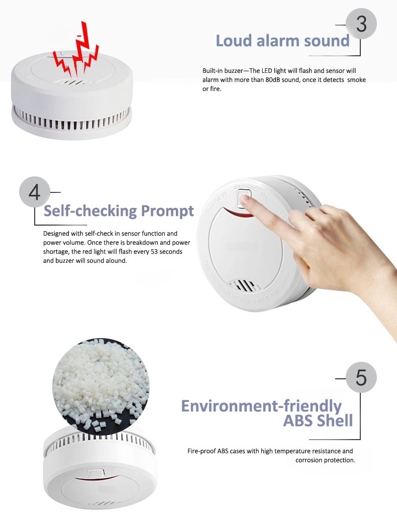 Fire Alarm Factory 10 Year Battery Life Sealed Fire Smoke Alarm Sound & Flash Alarm 3V Lithium Battery