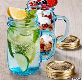 Haonai glass jar with handle and metal lid,drinking whisky/juice/mason jar beer mug