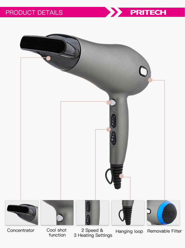 PRITECH 1800W/2200W 3 Heating Settings Professional Ionic DC Motor Hair Dryer