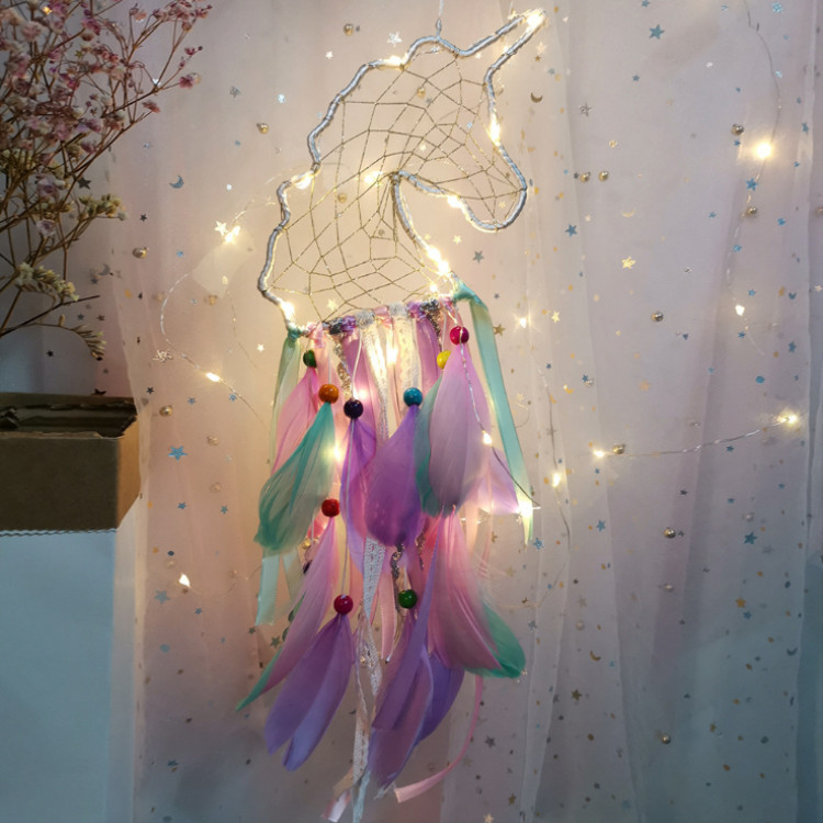 Amazon Hot Selling Unicorn Design Dreamcatcher Pendants DIY With Led Light, Home Decor