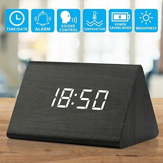 Wood Clock LED Alarm Digital Desk Clock Time Displays Date Temperature Black