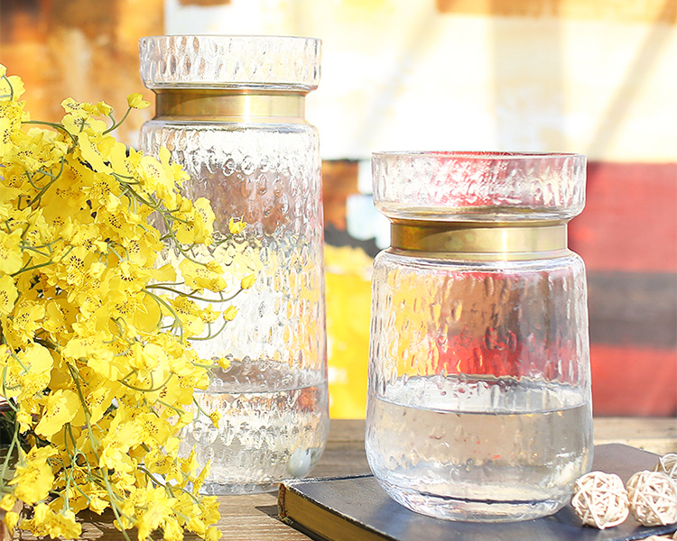 Bixuan Vases Clear Hammered Glass Flower Arrangement Vase Brass Gold Band Decor Dining Table Centerpieces, 7.9'' H x 5.4'' D