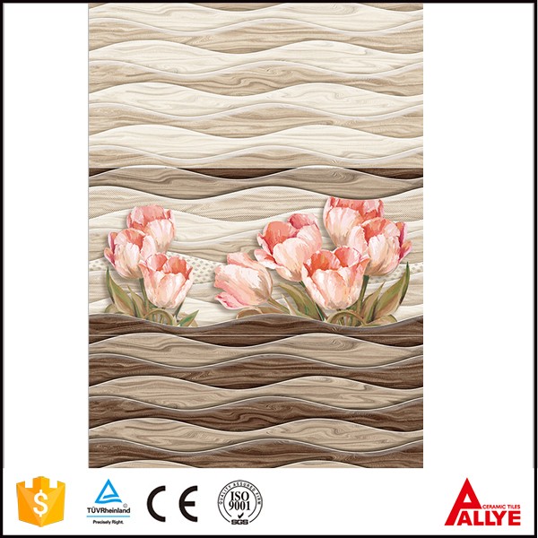 Fujian 3D glass tile printing, wave and pink flower patterns ceramic tiles front wall for bathroom or kitchen room