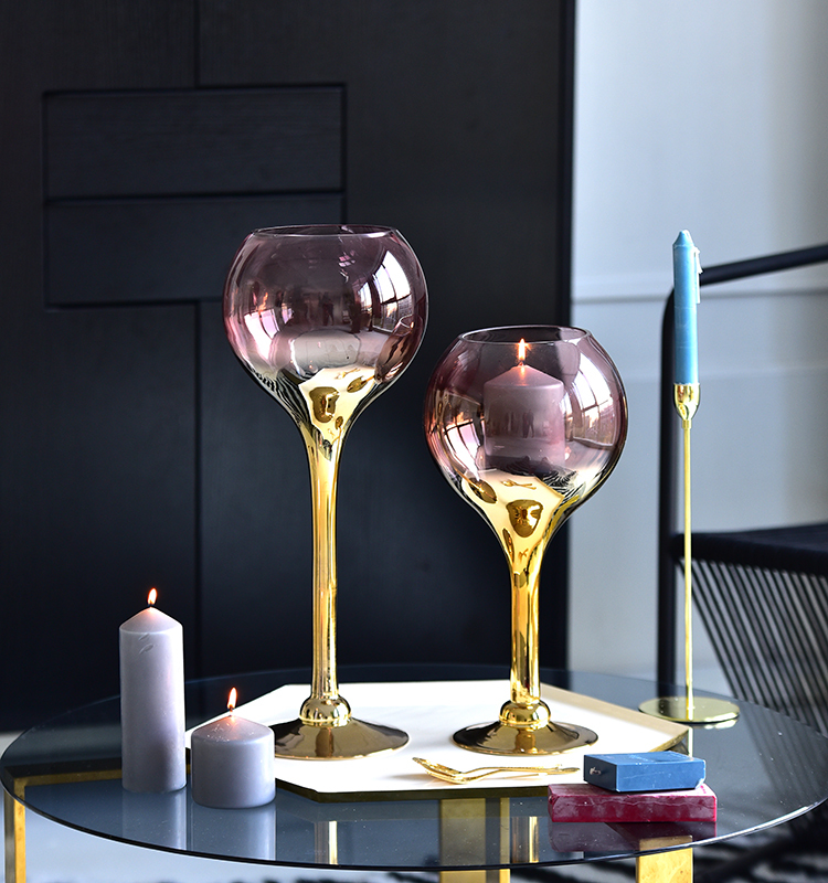 Bixuan Hurricane Candleholder Optic Purple Golden Mirrored Decor Goblet Shape Tea Light Holder Wedding Centerpieces 19.5x40cm