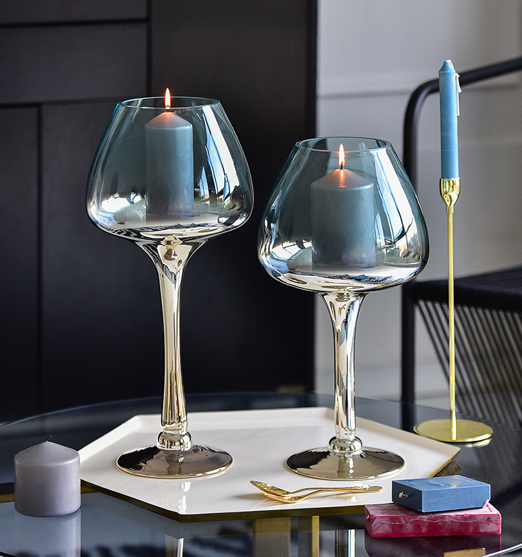 Bixuan Hurricane Candleholder Optic Blue Golden Mirrored Decor Goblet Shape Tea Light Holder Wedding Centerpieces 20x40cm