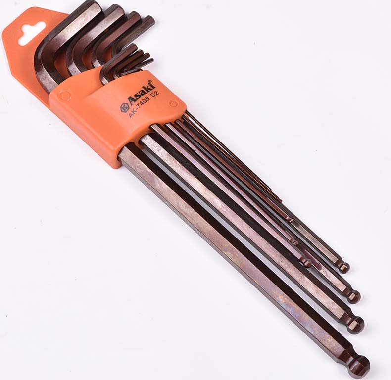 ASAKI AK-7407 Long Type S2 Plated Ball Point End Hex Key Wrench Set Hex Key  9pcs #1.5mm 2mm 2.5mm 3mm 4mm 5mm 6mm 8mm 10mm