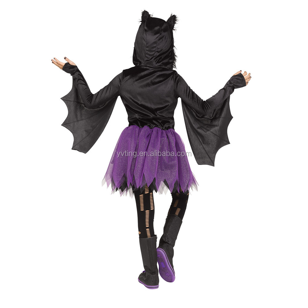 Cosplay Costume Children Black Purple Comfortable Hooded Bat Zipper Dress