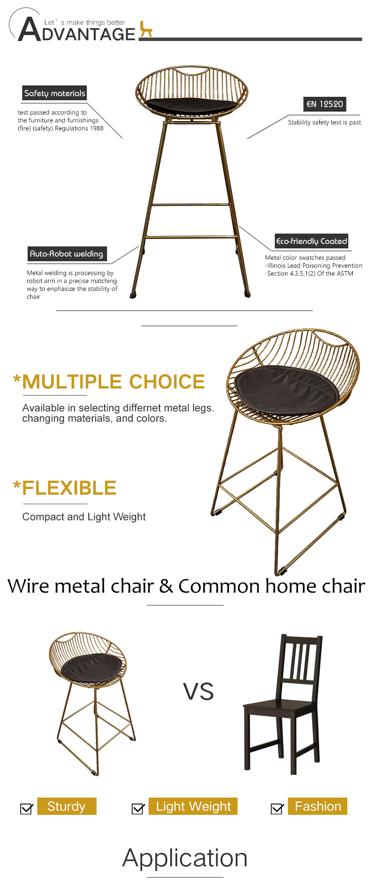 Modern Golden Stainless Steel Wire High Bar Chair for counter
