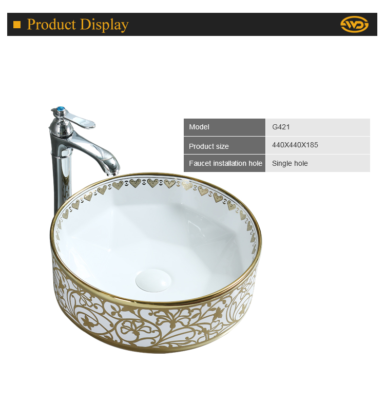 Wide use easy clean round single hole gold electroplate art ceramic counter tops wash lavabo basin