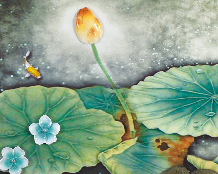 60*60CM 3 Panels Lotus Pond Art Embossment Oil Painting