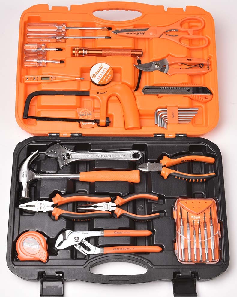 Asaki 34pcs Hand Tool Set Hardware Adjustable Spanner Pliers Screwdriver Hacksaw Frame Flashlight Claw Hammer Measuring Tape Set