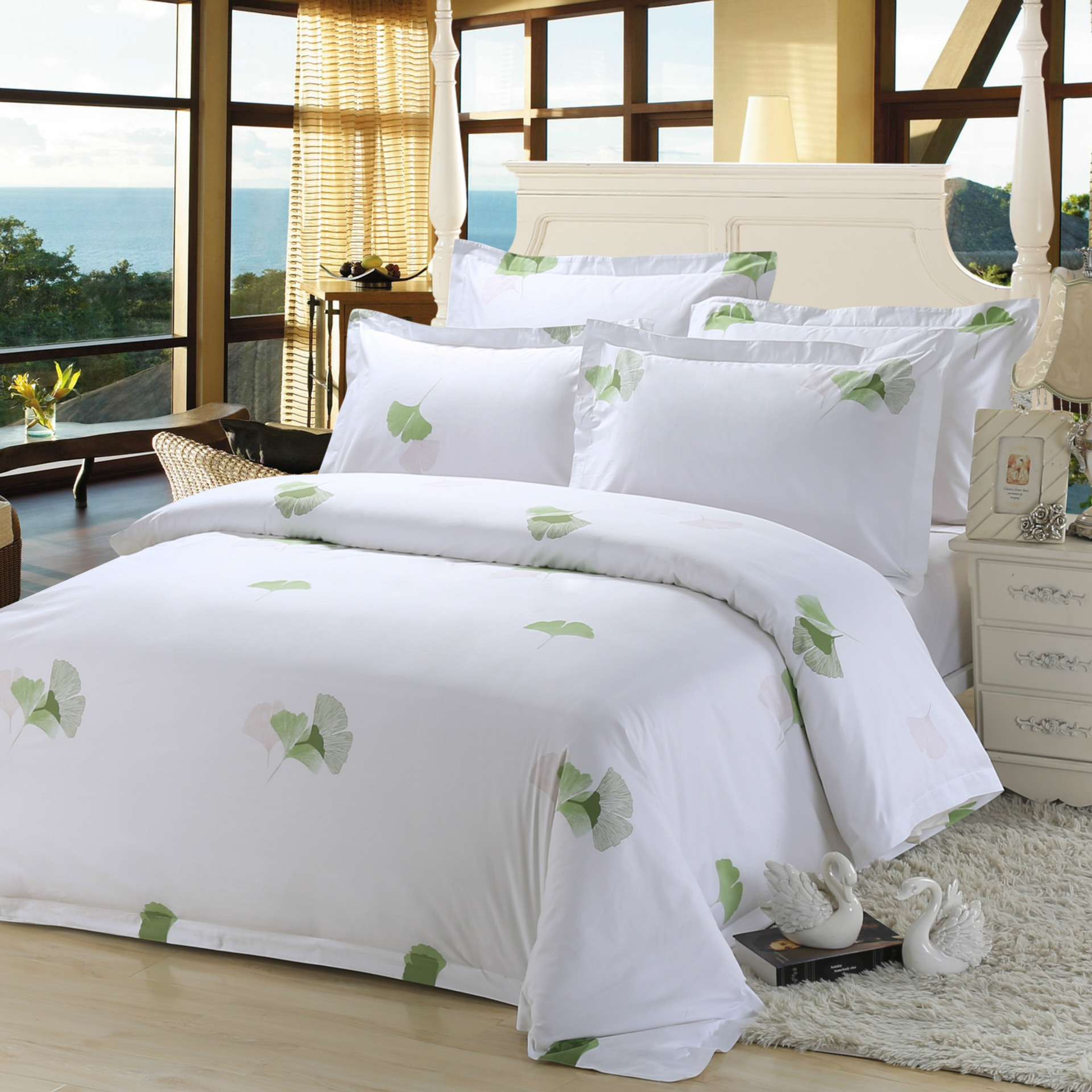 Luxury White linen 7 Piece Duvet Set, Silky Soft hotel Quality Long-Staple Sateen Cotton bedding set- Printed Percale Sheet Set