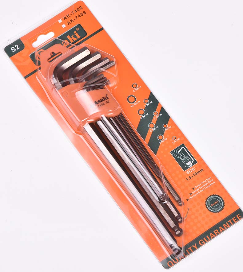 ASAKI AK-7407 Long Type S2 Plated Ball Point End Hex Key Wrench Set Hex Key  9pcs #1.5mm 2mm 2.5mm 3mm 4mm 5mm 6mm 8mm 10mm