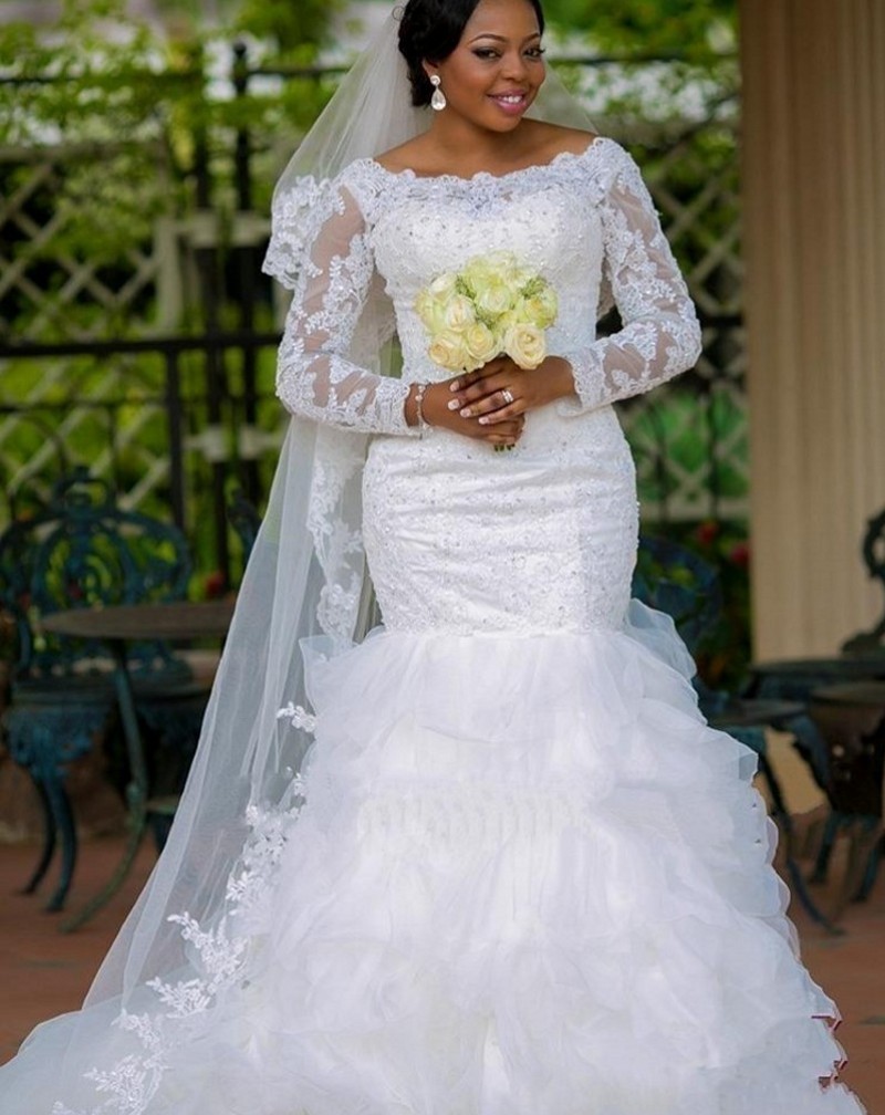 long sleeve wedding dress high neck High Neck Long Sleeves Tulle Princess Wedding Dress Lace Edge