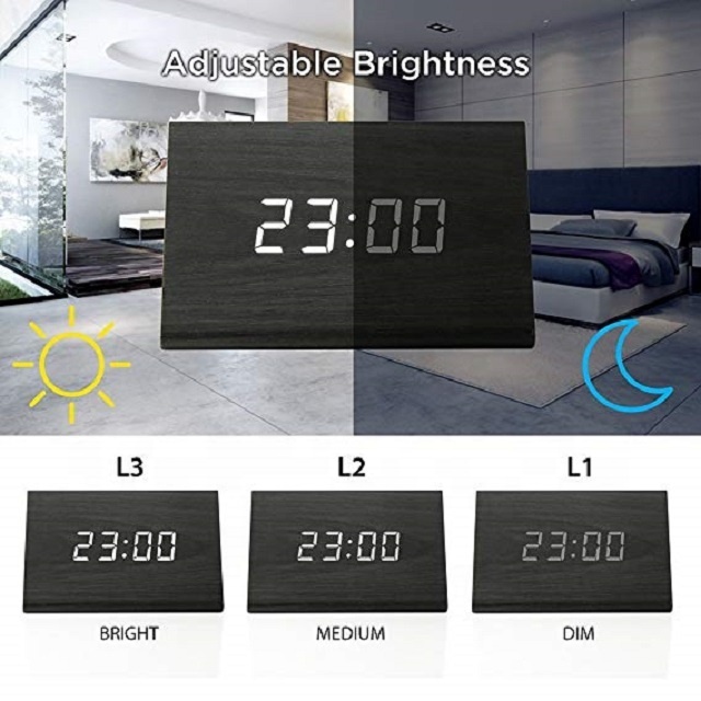 Wood Clock LED Alarm Digital Desk Clock Time Displays Date Temperature Black