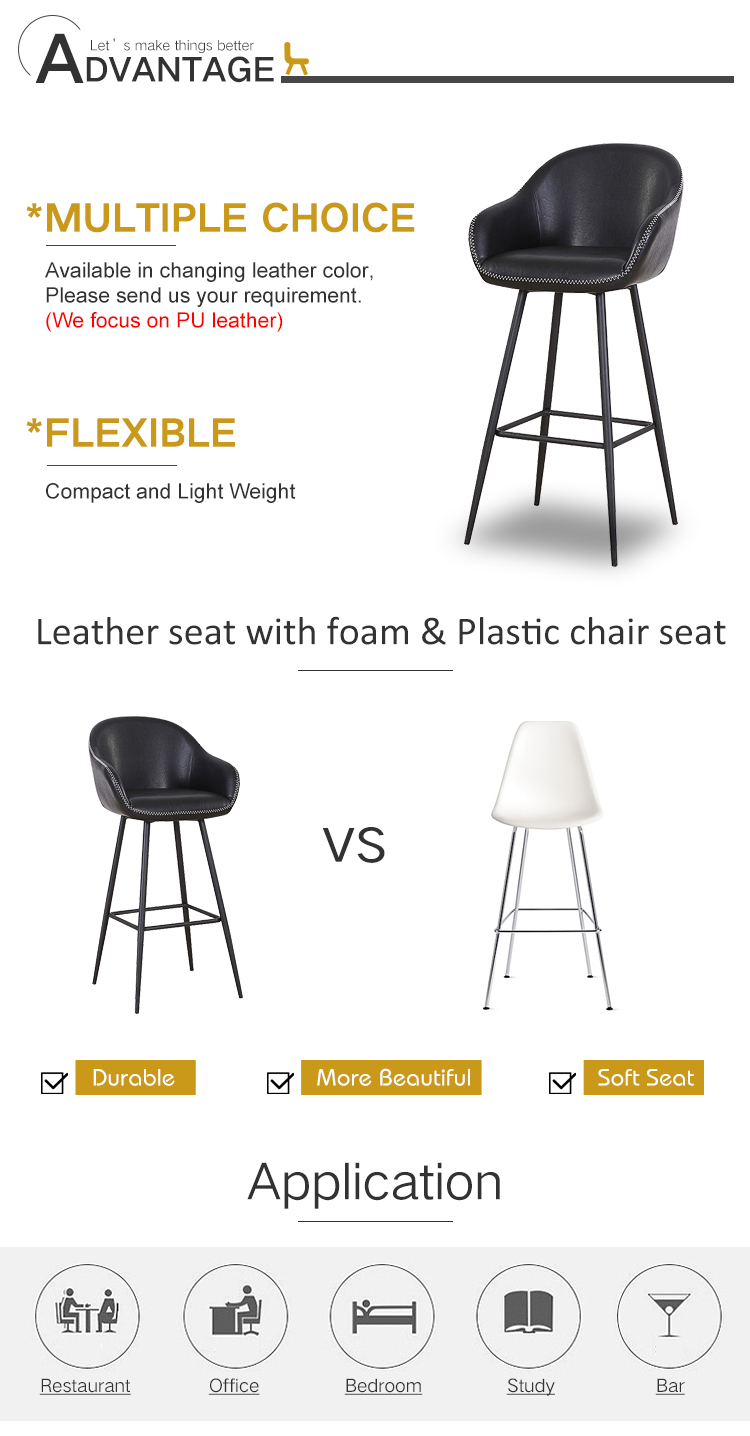 ANJI Gstar Home Furniture Mid-century Black Metal Legs Black Leather Industrial Bar Stools Chair Modern Commercial Furniture