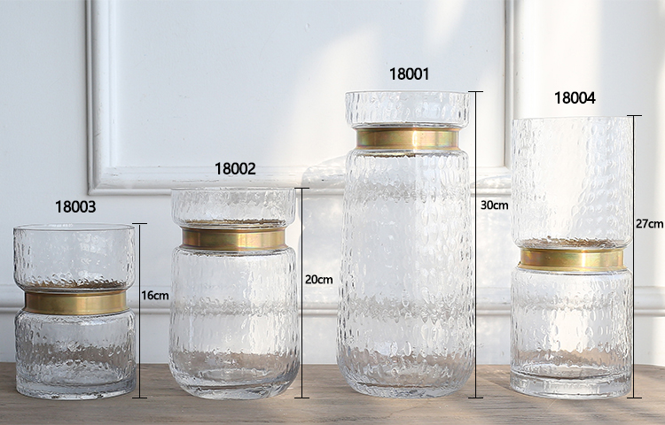 Bixuan Vases Clear Hammered Glass Flower Arrangement Vase Brass Gold Band Decor Dining Table Centerpieces, 10.6'' H x 4.7'' D