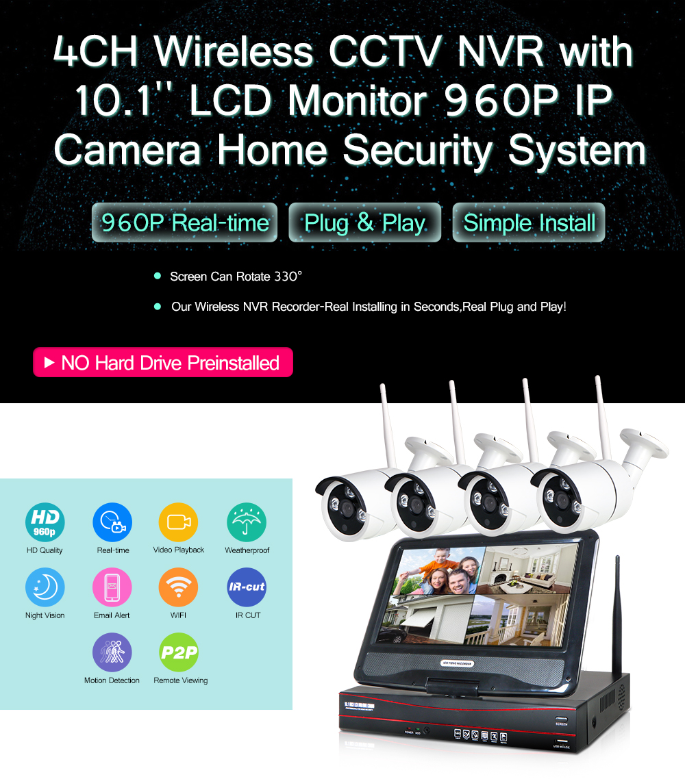 ⭐️未使用⭐️4CH WIFI NVR KITS 防犯カメラ 10インチモニター付き高品質3MP 4ch Wifi nvrキット4個のcctv
